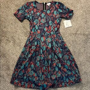 LuLaRoe Pink and Blue Fit and Flare Dress with Puff Sleeves
